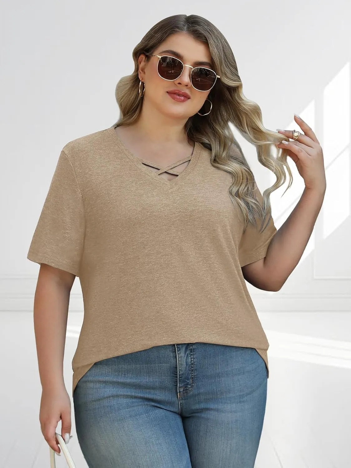 Plus Size Tops for Women Summer Trendy Criss Cross Shirts Oversized Casual Loose Fit Tunic Tops