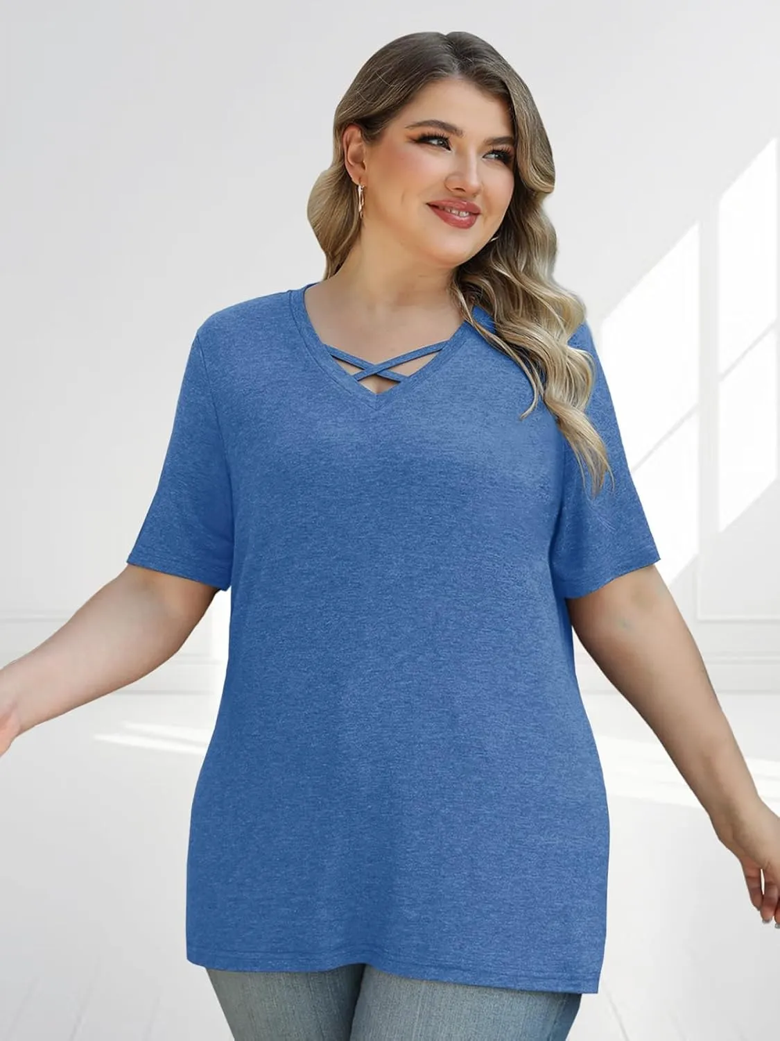Plus Size Tops for Women Summer Trendy Criss Cross Shirts Oversized Casual Loose Fit Tunic Tops