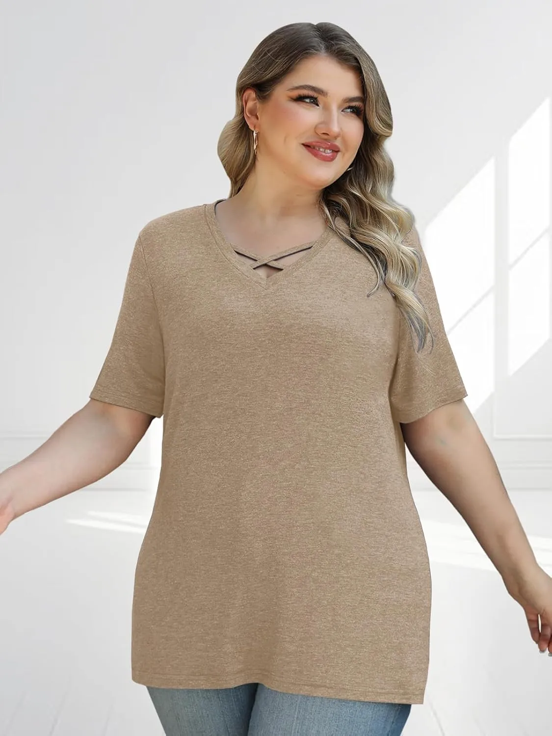 Plus Size Tops for Women Summer Trendy Criss Cross Shirts Oversized Casual Loose Fit Tunic Tops