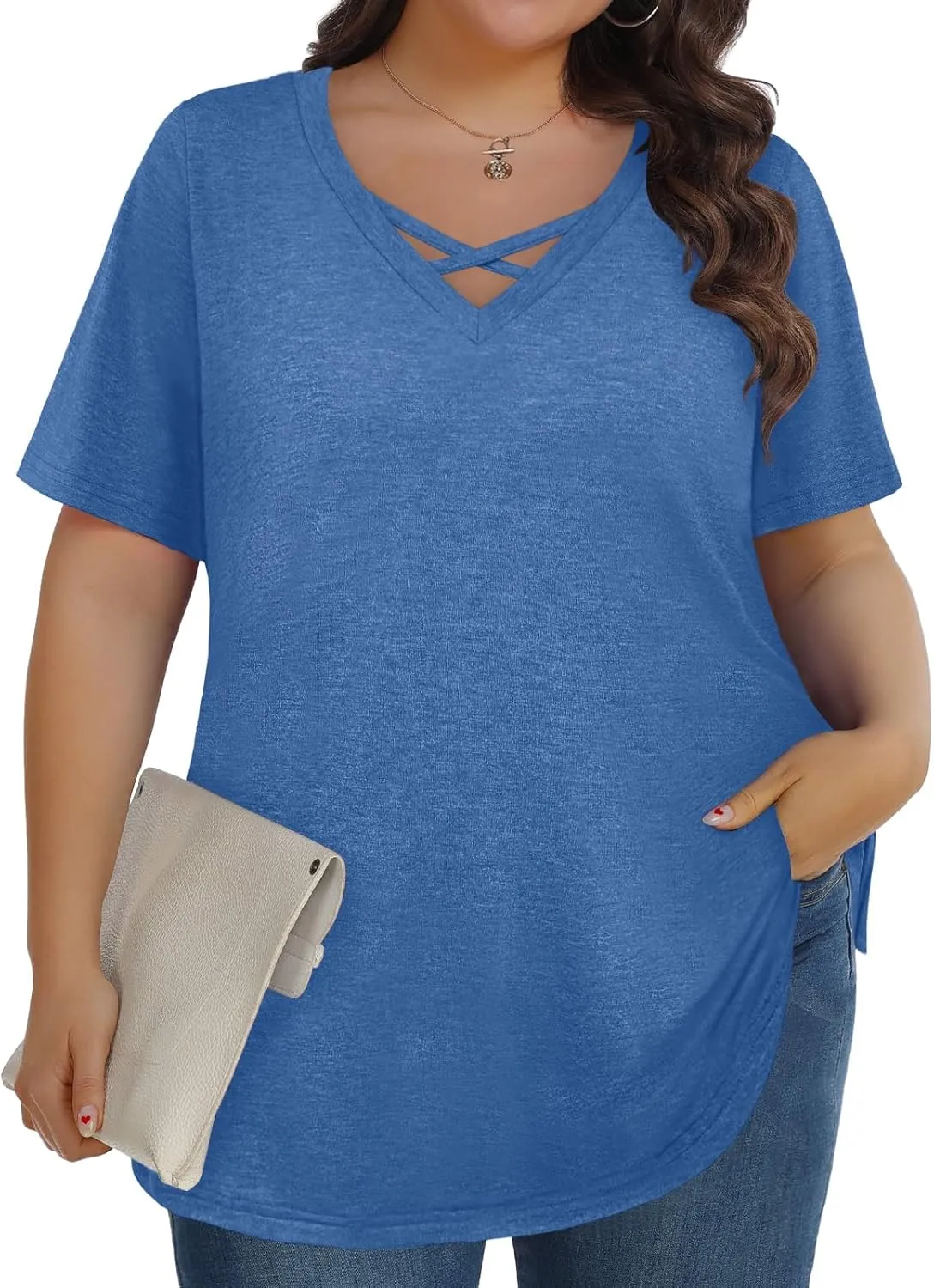 Plus Size Tops for Women Summer Trendy Criss Cross Shirts Oversized Casual Loose Fit Tunic Tops