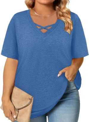 Plus Size Tops for Women Summer Trendy Criss Cross Shirts Oversized Casual Loose Fit Tunic Tops