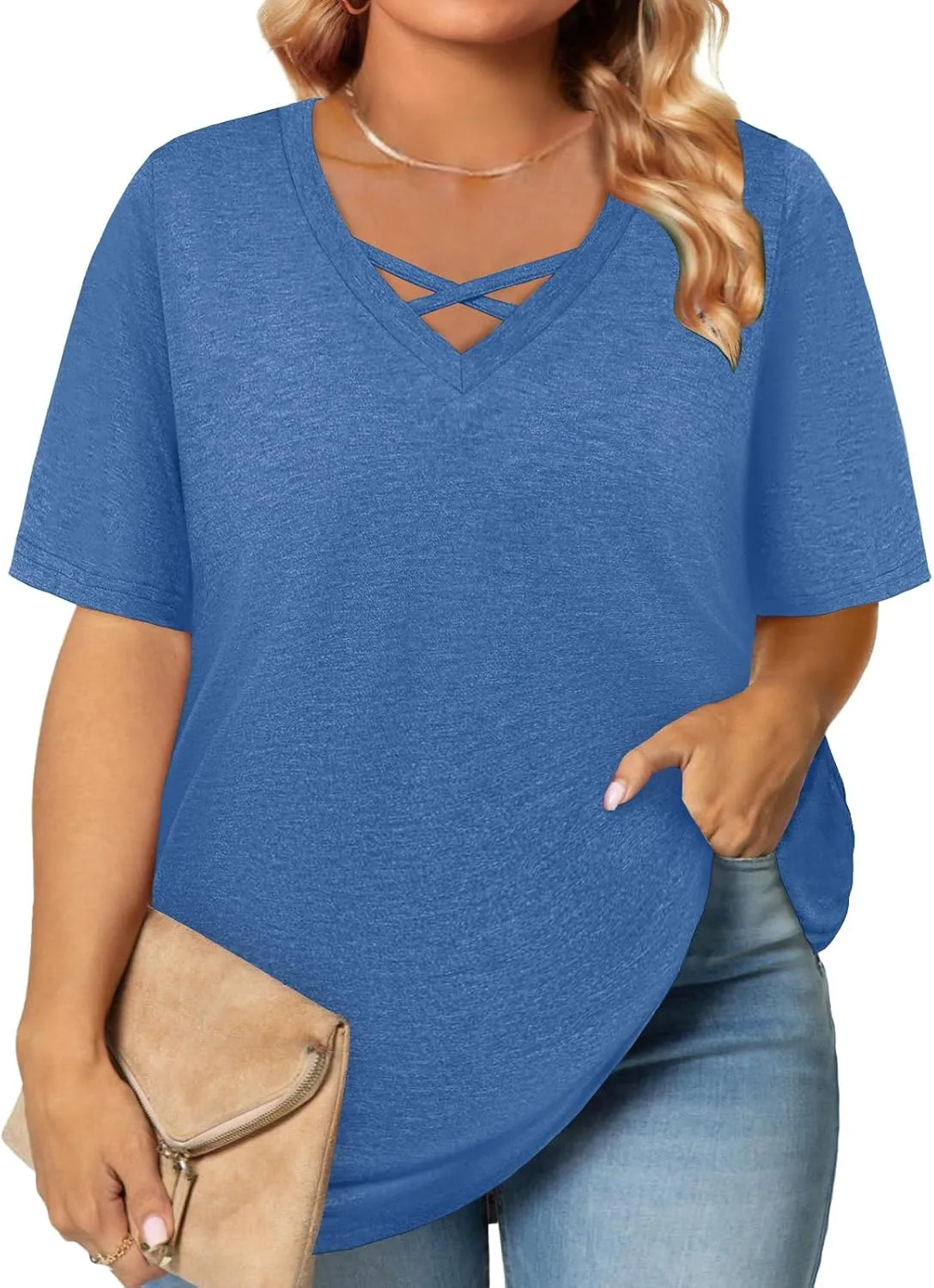 Plus Size Tops for Women Summer Trendy Criss Cross Shirts Oversized Casual Loose Fit Tunic Tops