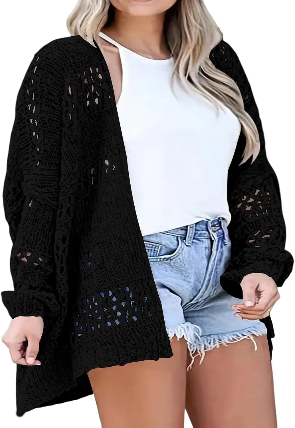 Plus Size Womens Crochet Cardigans Sweater Boho Long Sleeve Lightweight Oversized Open Front Loose Fit Knitted Tops