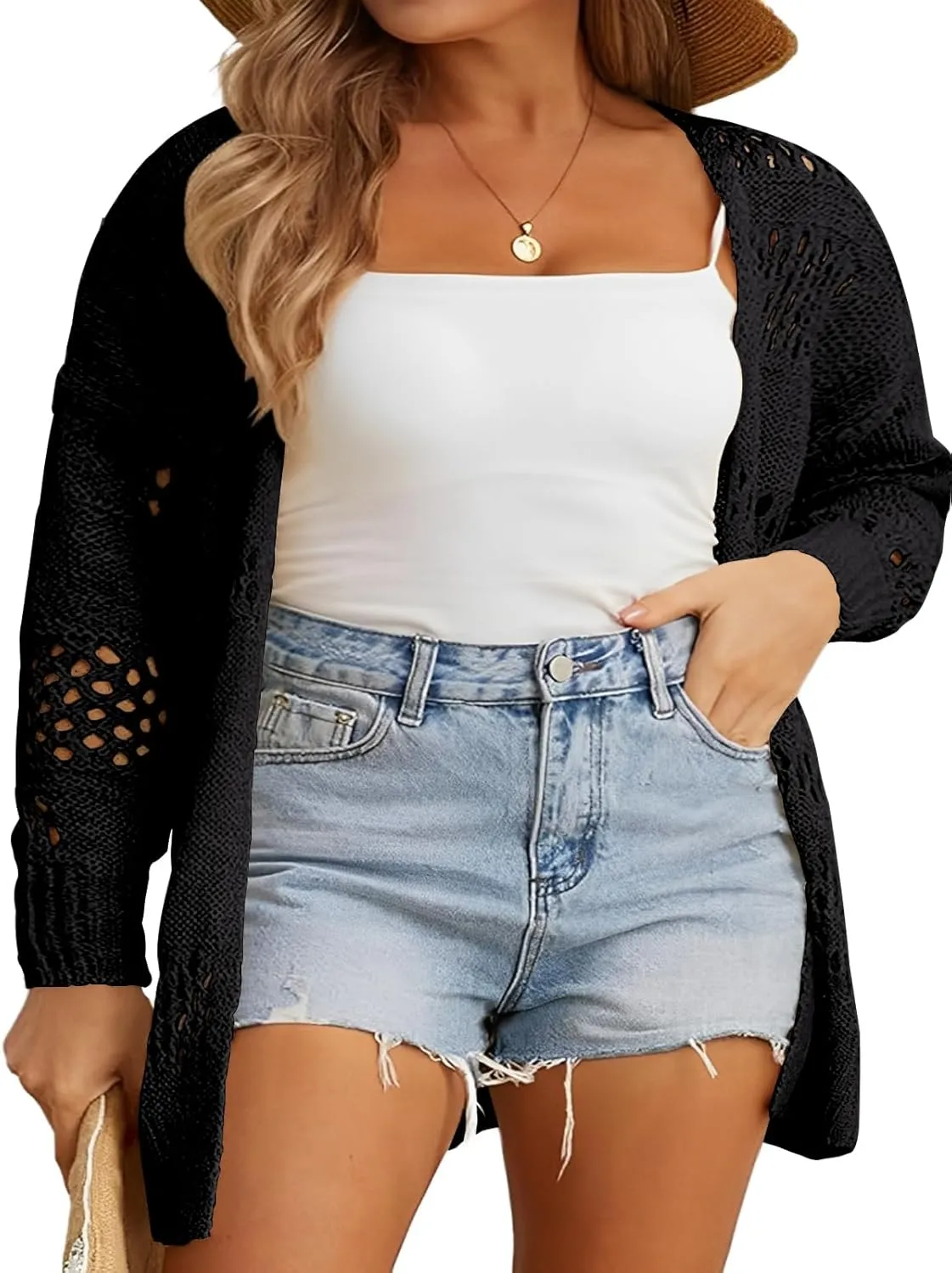 Plus Size Womens Crochet Cardigans Sweater Boho Long Sleeve Lightweight Oversized Open Front Loose Fit Knitted Tops
