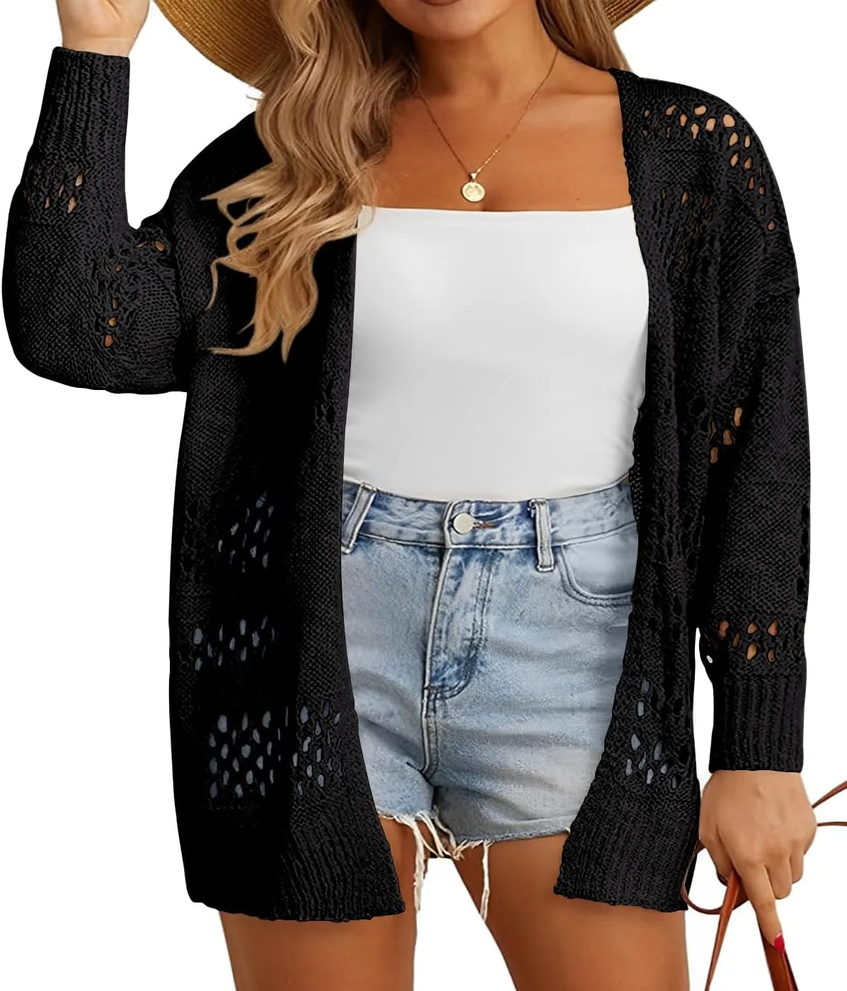 Plus Size Womens Crochet Cardigans Sweater Boho Long Sleeve Lightweight Oversized Open Front Loose Fit Knitted Tops