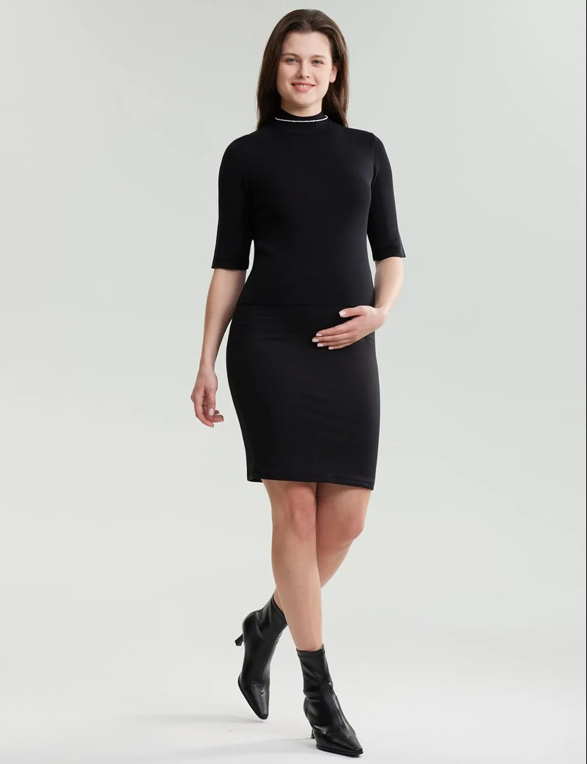 POSHDIVAH Women's Maternity Skirt Over The Belly Midi High Waisted Solid Stretchy Pregnancy Pencil Skirt