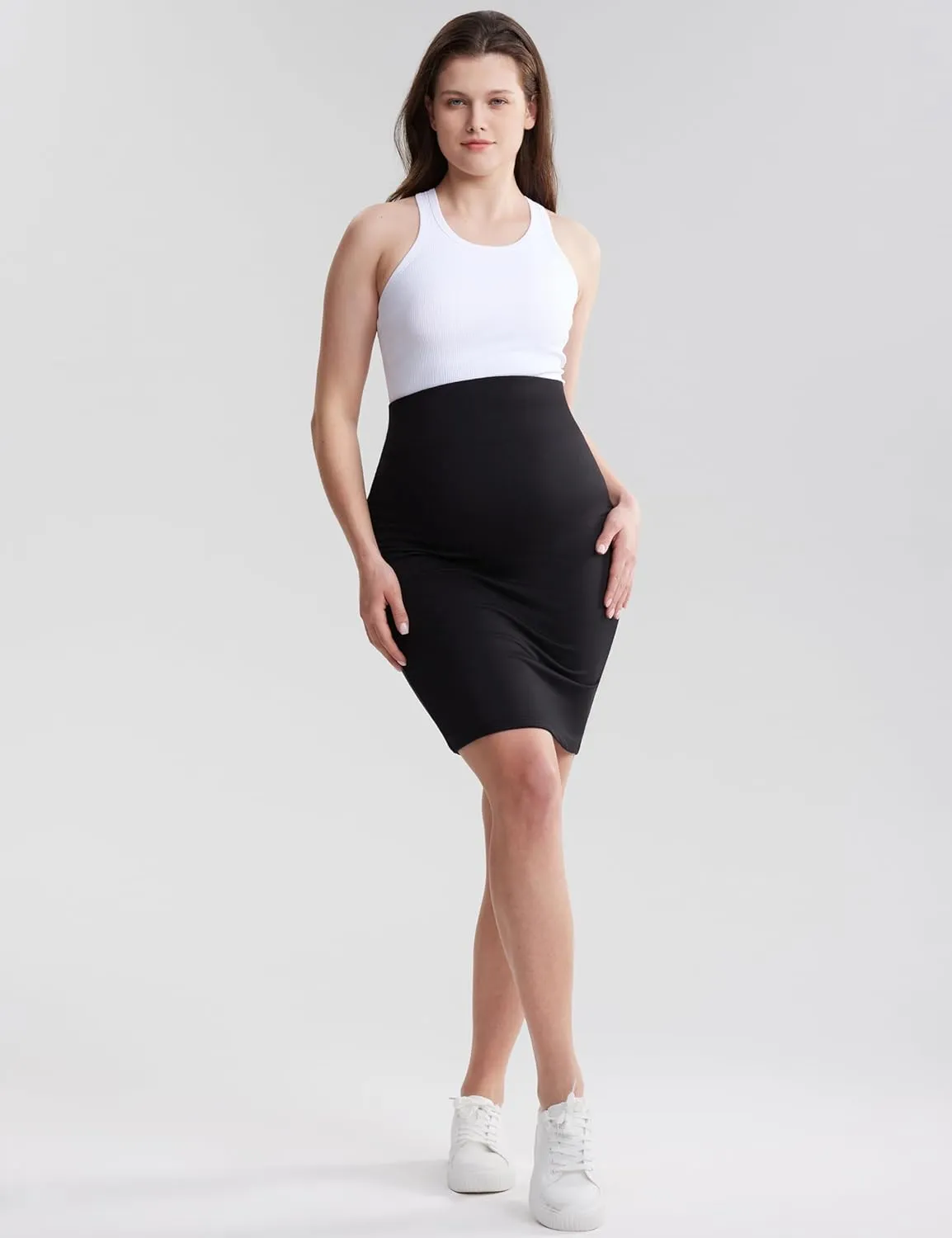 POSHDIVAH Women's Maternity Skirt Over The Belly Midi High Waisted Solid Stretchy Pregnancy Pencil Skirt