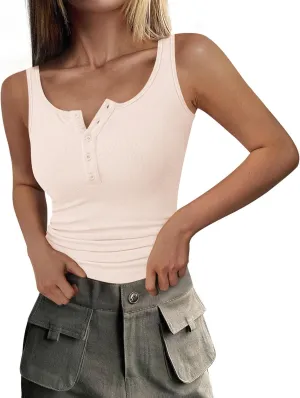 PRETTYGARDEN Womens 2025 Summer Tank Tops Ribbed Knit Slim Fit Sleeveless Henley Shirts Casual Basic Button Up Blouse