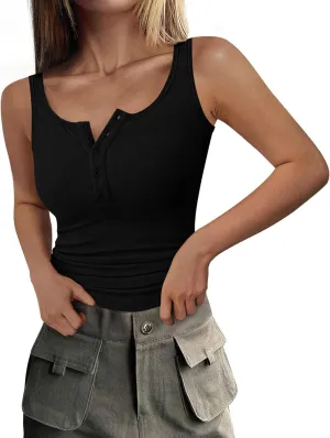 PRETTYGARDEN Womens 2025 Summer Tank Tops Ribbed Knit Slim Fit Sleeveless Henley Shirts Casual Basic Button Up Blouse