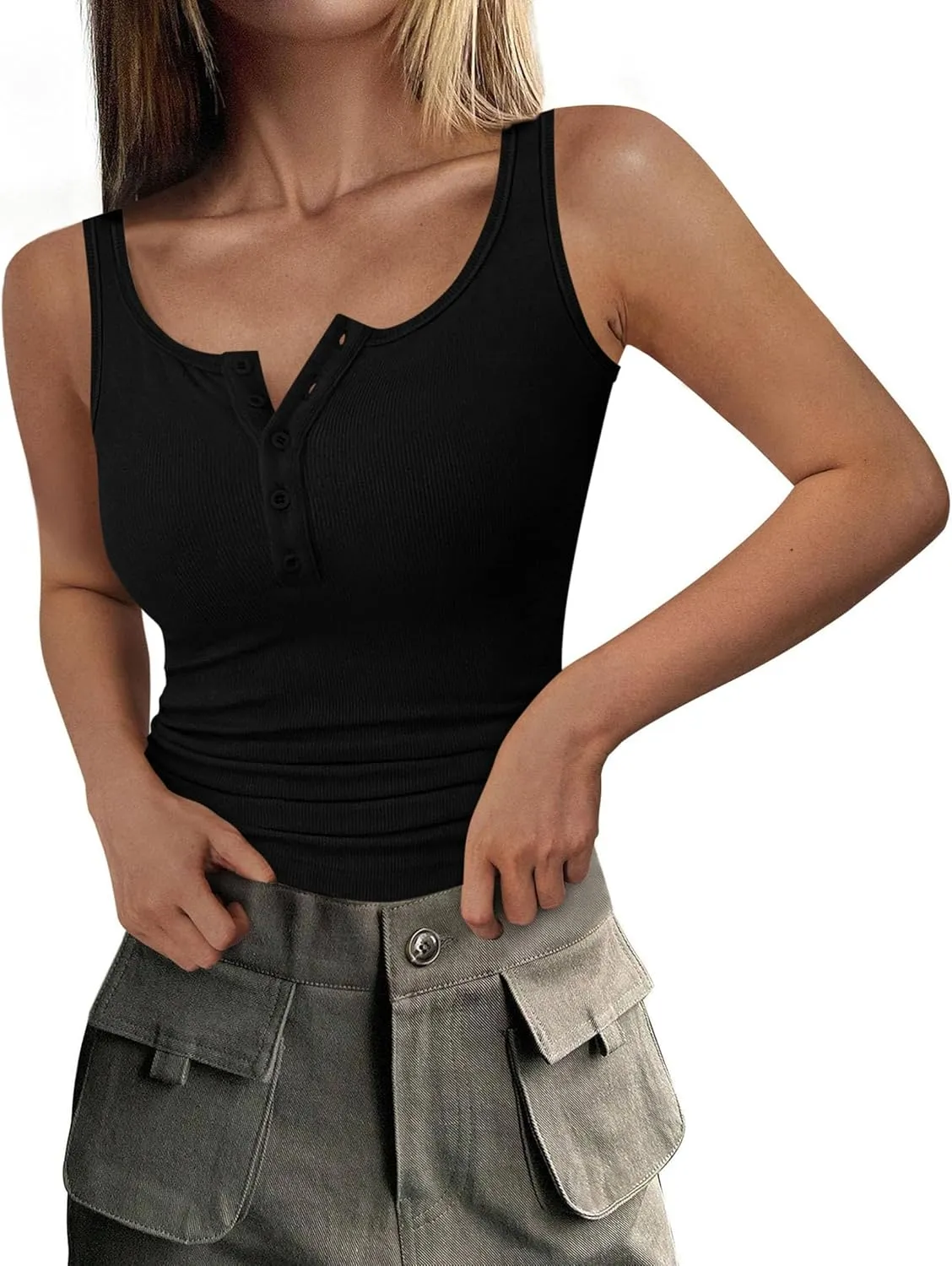 PRETTYGARDEN Womens 2025 Summer Tank Tops Ribbed Knit Slim Fit Sleeveless Henley Shirts Casual Basic Button Up Blouse