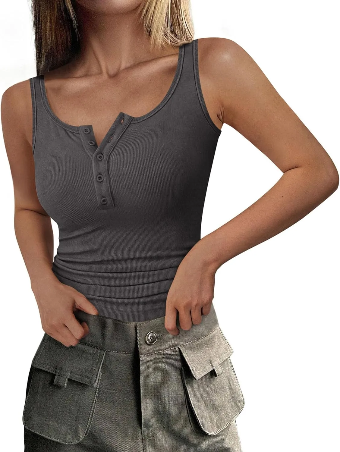 PRETTYGARDEN Womens 2025 Summer Tank Tops Ribbed Knit Slim Fit Sleeveless Henley Shirts Casual Basic Button Up Blouse