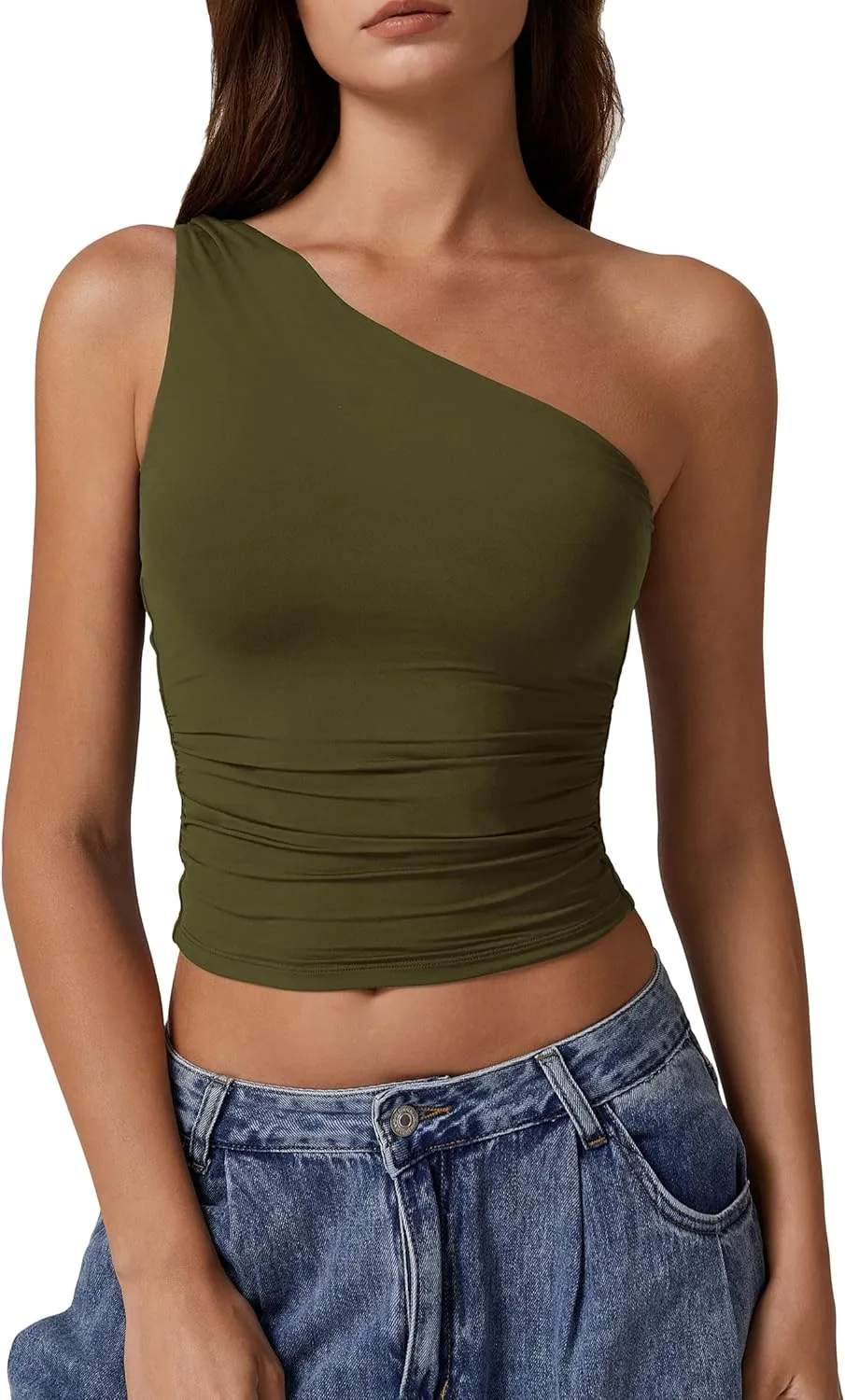 QINSEN Women's One Shoulder Tank Tops Double Lined Sleeveless Slim Fit Cropped Tee Shirt Y2k Tops
