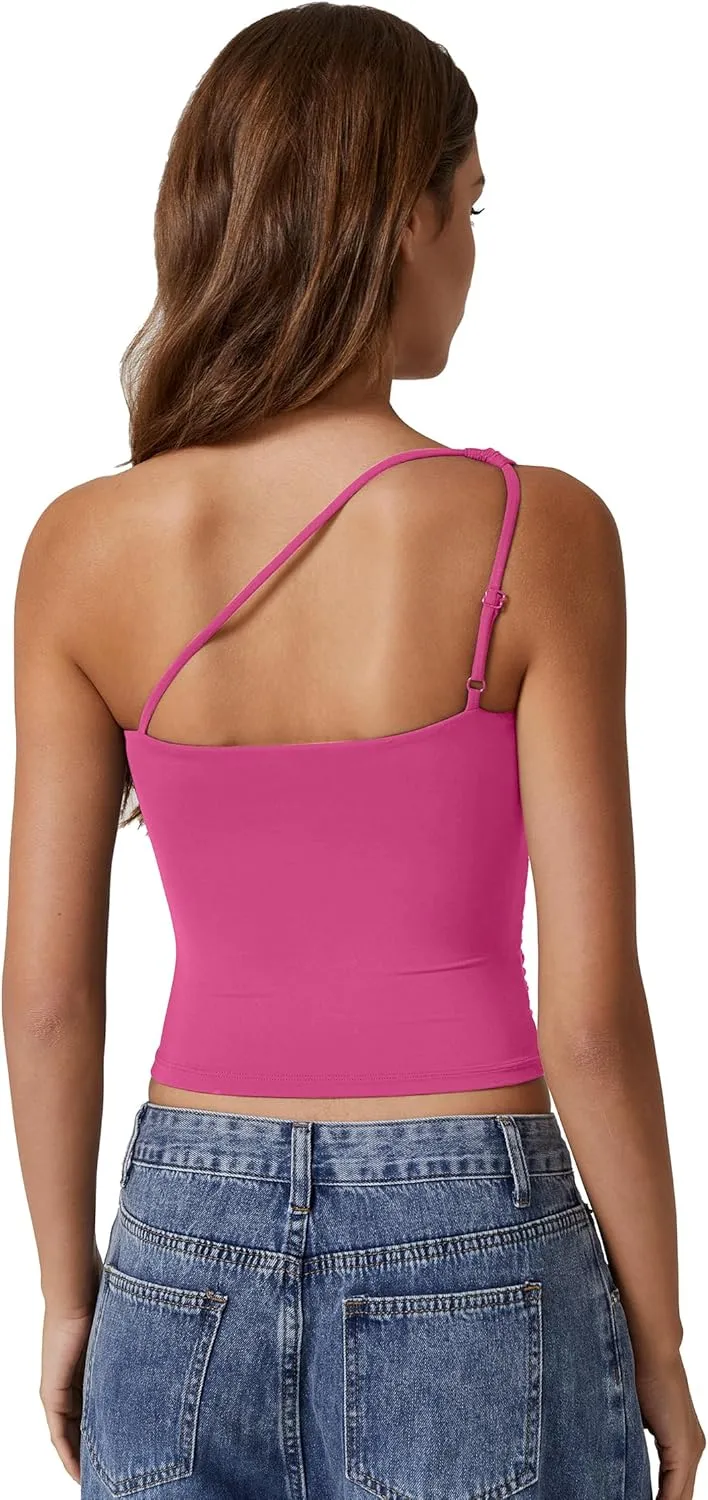 QINSEN Women's One Shoulder Tank Tops Double Lined Sleeveless Slim Fit Cropped Tee Shirt Y2k Tops