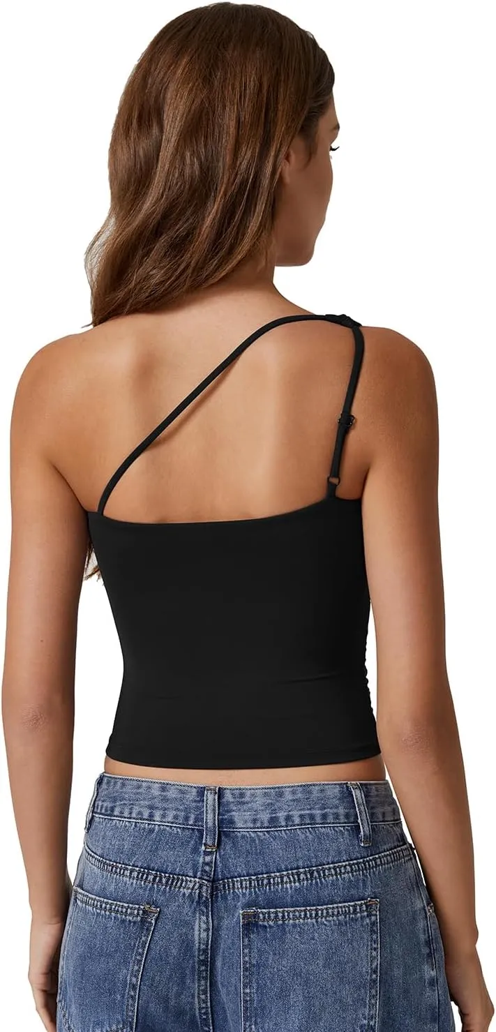 QINSEN Women's One Shoulder Tank Tops Double Lined Sleeveless Slim Fit Cropped Tee Shirt Y2k Tops