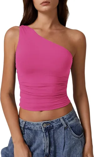 QINSEN Women's One Shoulder Tank Tops Double Lined Sleeveless Slim Fit Cropped Tee Shirt Y2k Tops