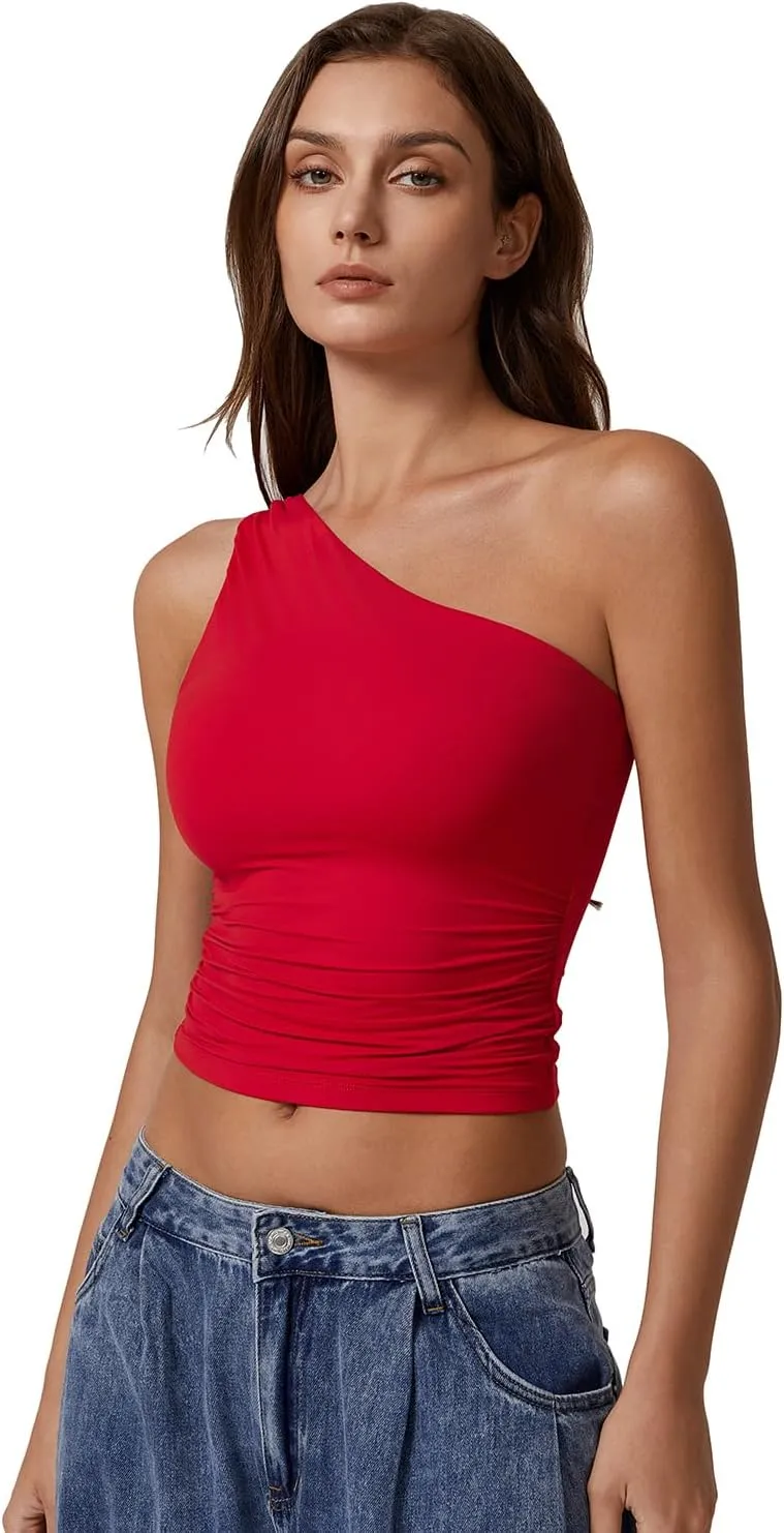 QINSEN Women's One Shoulder Tank Tops Double Lined Sleeveless Slim Fit Cropped Tee Shirt Y2k Tops
