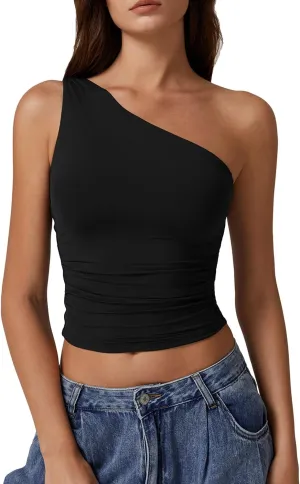 QINSEN Women's One Shoulder Tank Tops Double Lined Sleeveless Slim Fit Cropped Tee Shirt Y2k Tops