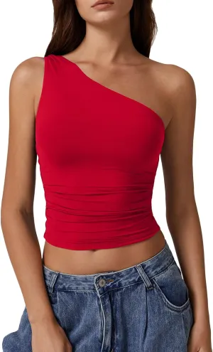 QINSEN Women's One Shoulder Tank Tops Double Lined Sleeveless Slim Fit Cropped Tee Shirt Y2k Tops