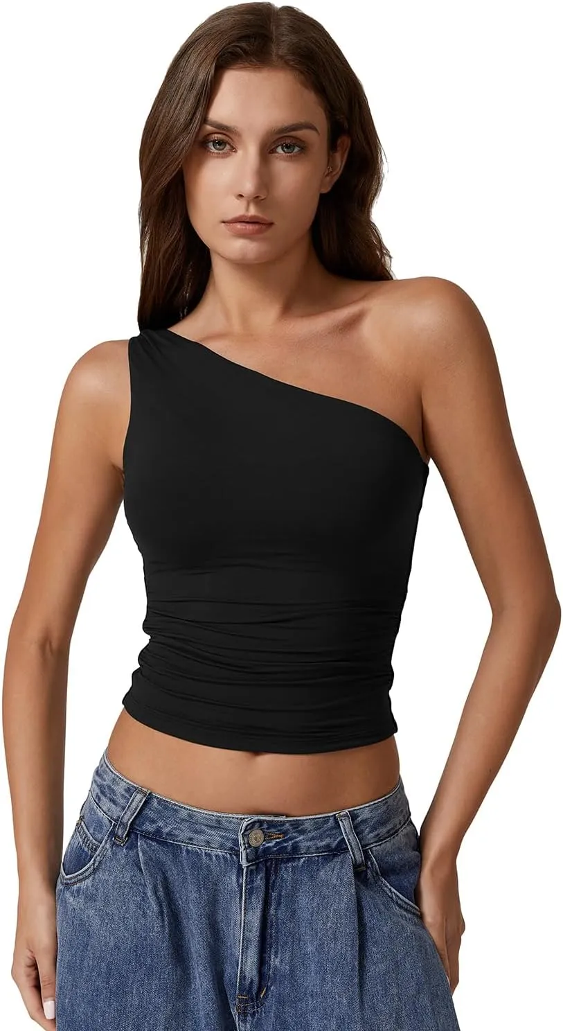 QINSEN Women's One Shoulder Tank Tops Double Lined Sleeveless Slim Fit Cropped Tee Shirt Y2k Tops