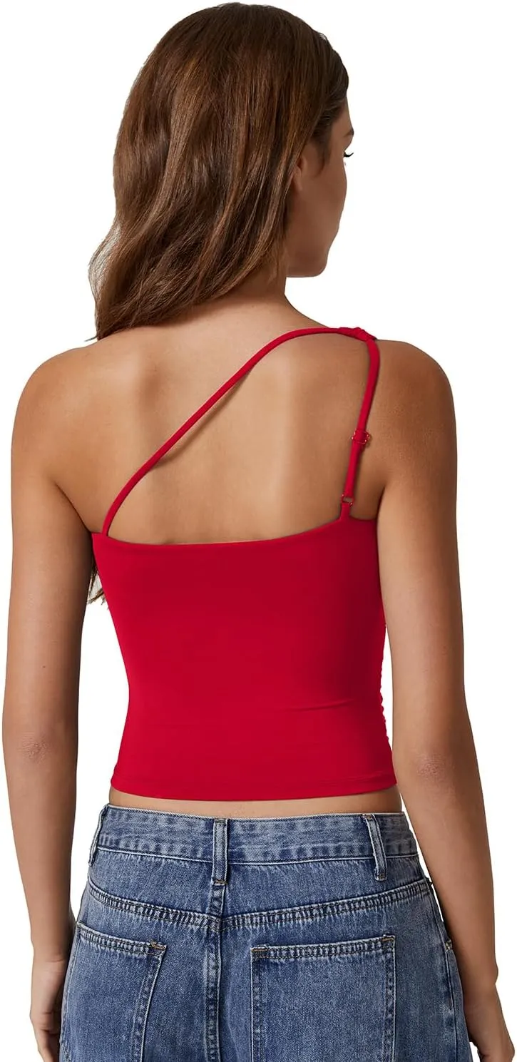 QINSEN Women's One Shoulder Tank Tops Double Lined Sleeveless Slim Fit Cropped Tee Shirt Y2k Tops