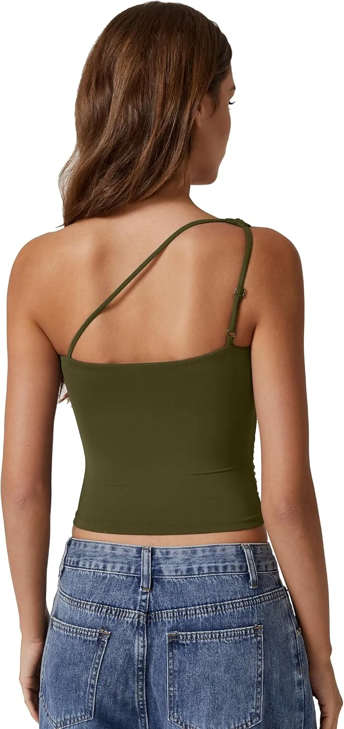 QINSEN Women's One Shoulder Tank Tops Double Lined Sleeveless Slim Fit Cropped Tee Shirt Y2k Tops