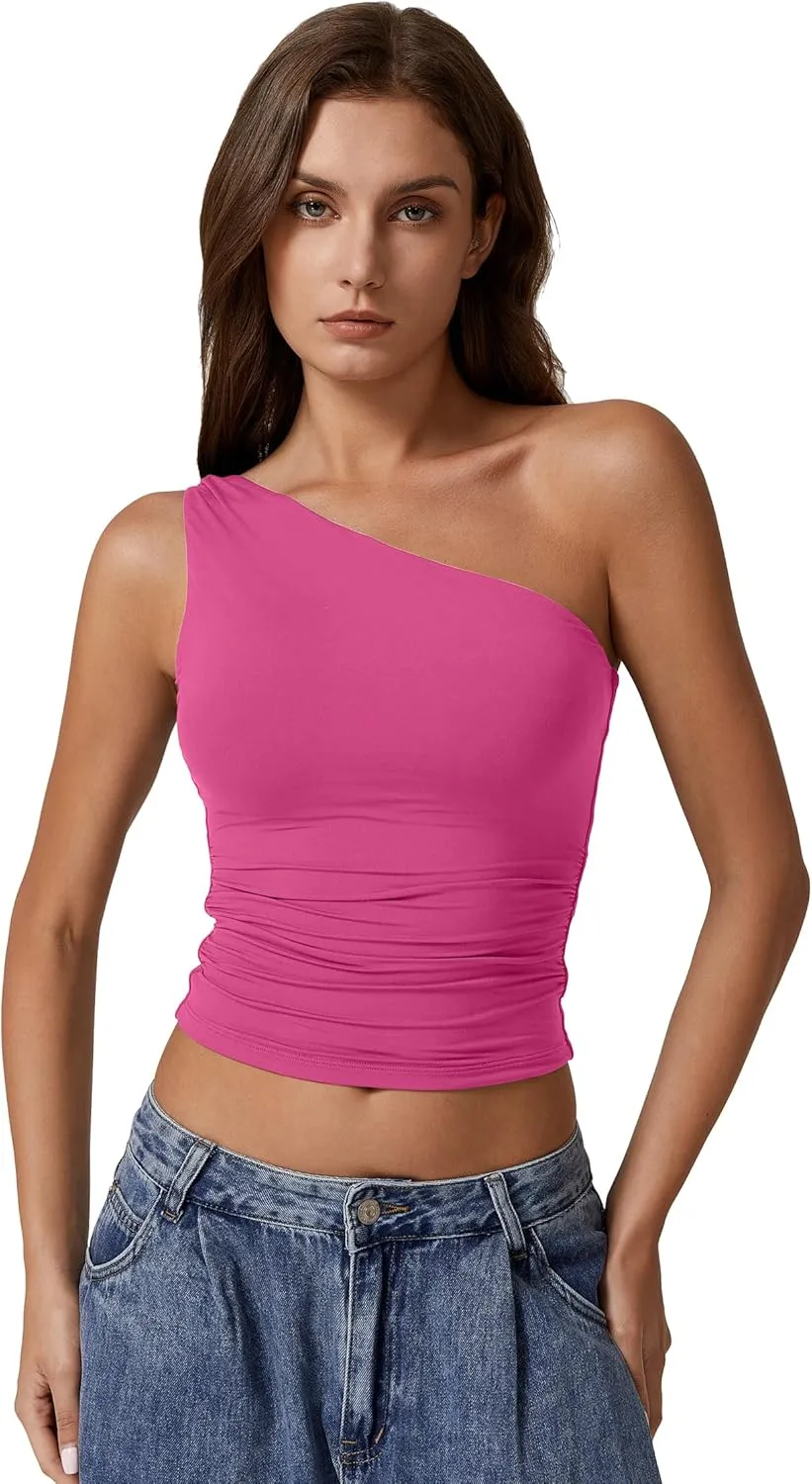 QINSEN Women's One Shoulder Tank Tops Double Lined Sleeveless Slim Fit Cropped Tee Shirt Y2k Tops