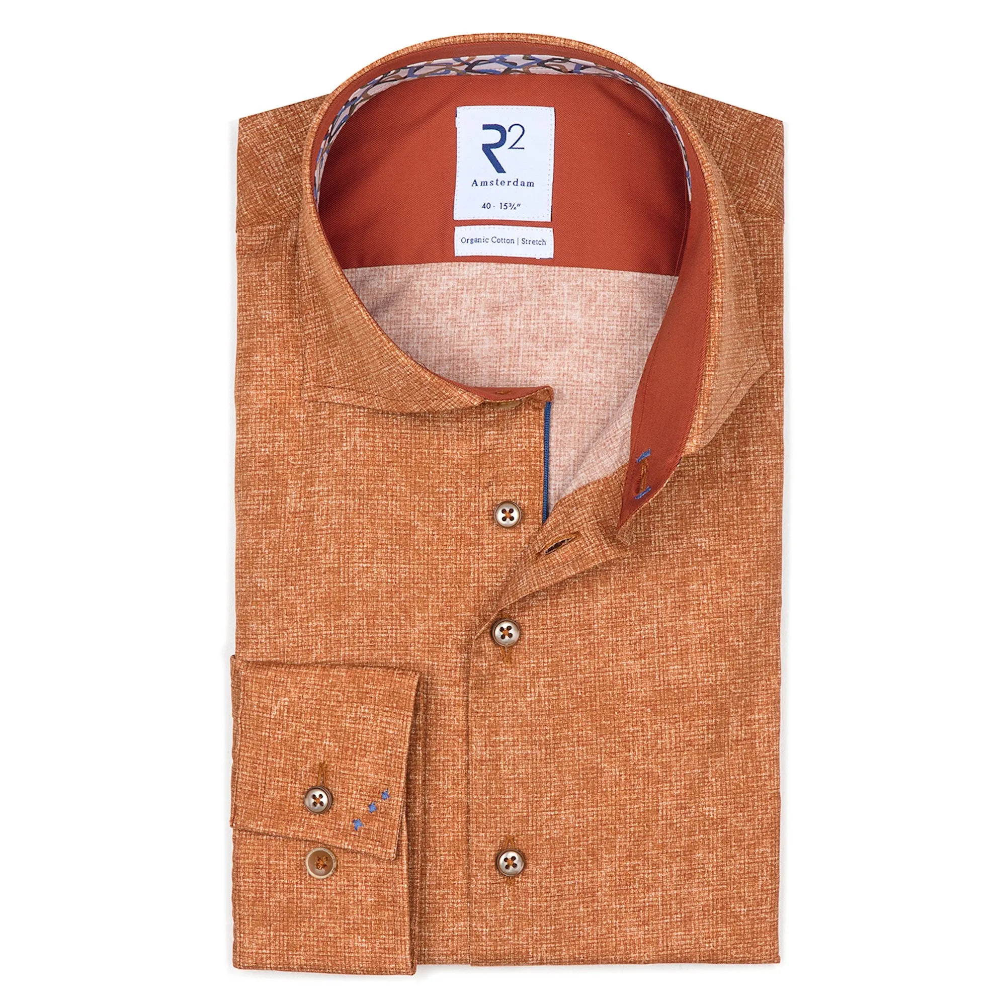 R2 Amsterdam Orange Crosshatch Print Long Sleeve Button Up Shirt