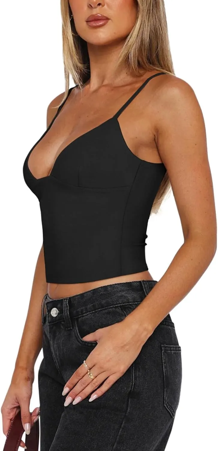 REORIA Butsmooth Womens Sexy V-Neck Sleeveless Double Lined Going Out Y2K Trendy Cami Shirt Cropped Tank Tops
