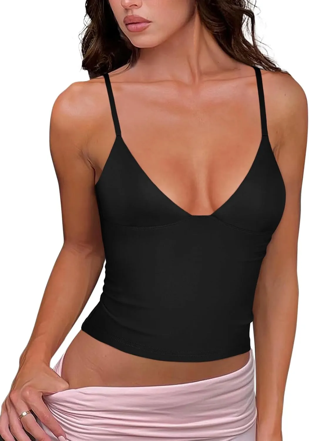 REORIA Butsmooth Womens Sexy V-Neck Sleeveless Double Lined Going Out Y2K Trendy Cami Shirt Cropped Tank Tops