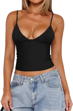 REORIA Butsmooth Womens Sexy V-Neck Sleeveless Double Lined Going Out Y2K Trendy Cami Shirt Cropped Tank Tops