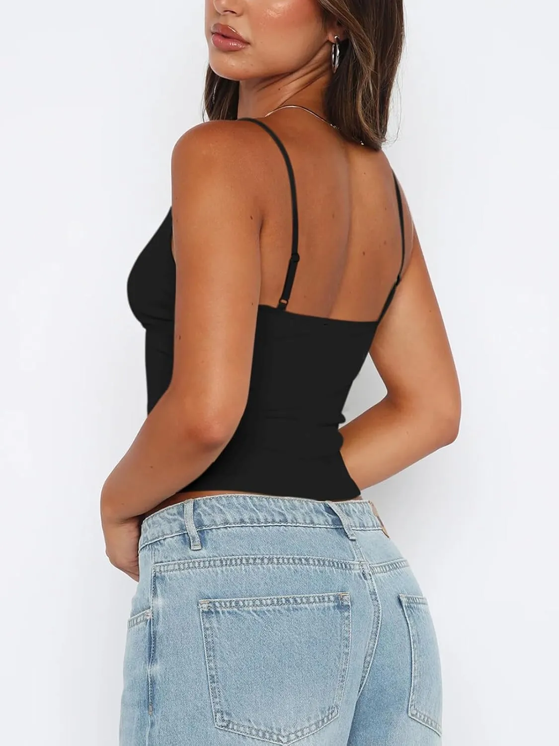 REORIA Butsmooth Womens Sexy V-Neck Sleeveless Double Lined Going Out Y2K Trendy Cami Shirt Cropped Tank Tops