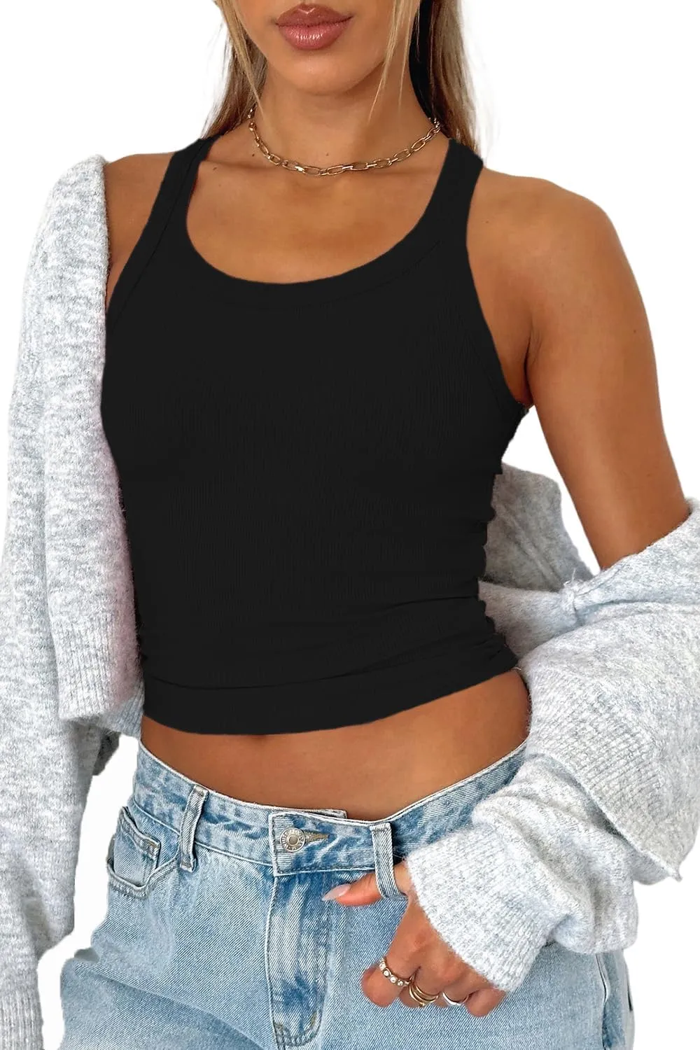 Ribbed Cropped Tank Top - Scoop Neck Workout Summer Halter Tops Women Sleeveless Basic Camis