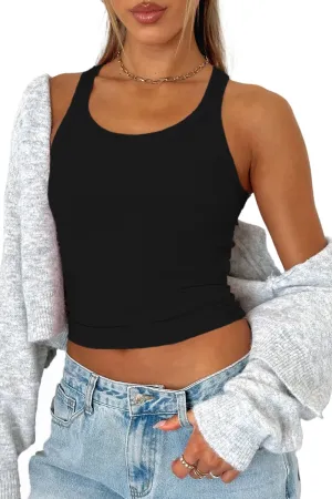 Ribbed Cropped Tank Top - Scoop Neck Workout Summer Halter Tops Women Sleeveless Basic Camis