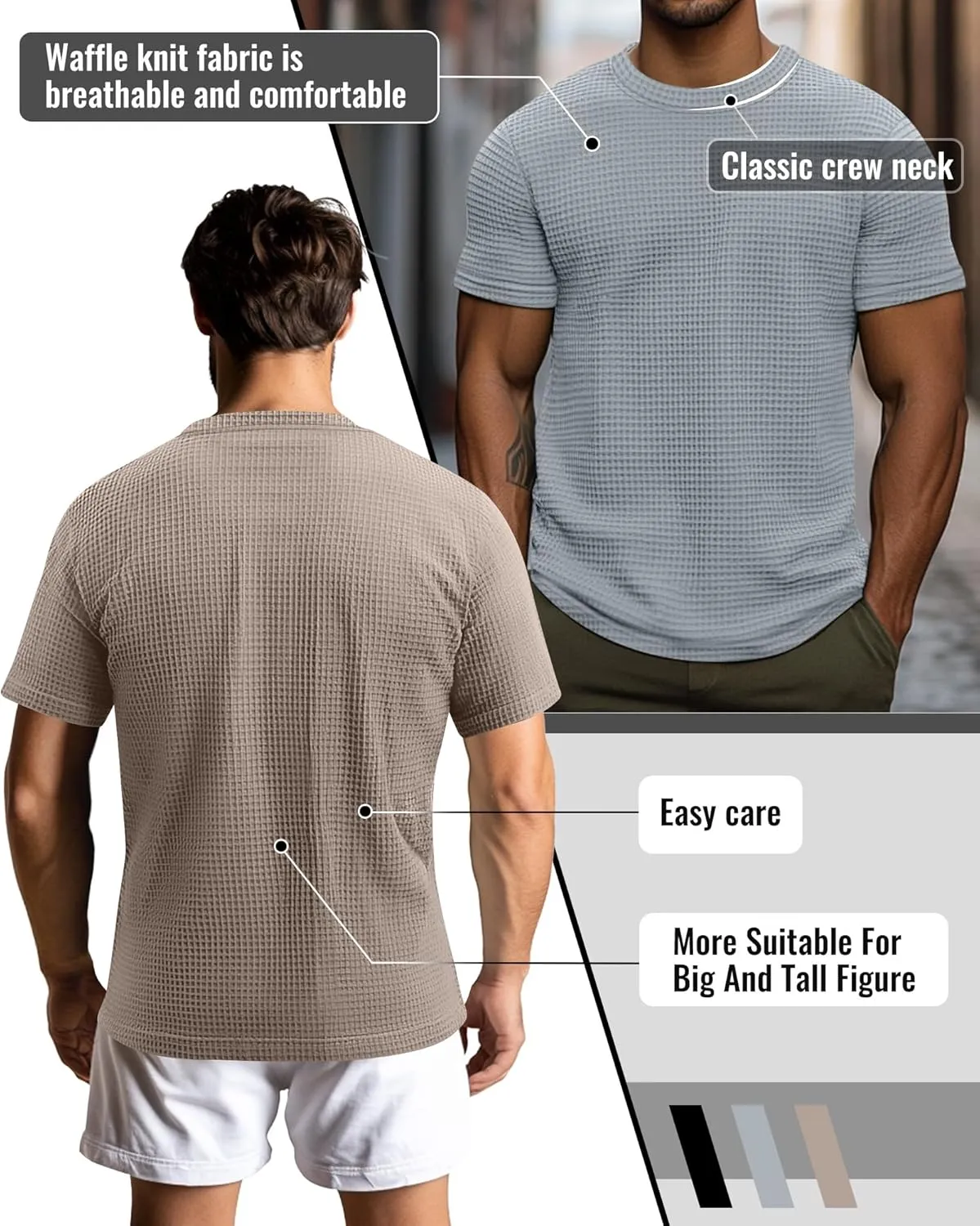 Riyiper 3 Pack Men's Big and Tall Waffle T Shirts, Short Sleeve Crew Neck Tops Casual Textured Knit Pullover Lightweight Tees