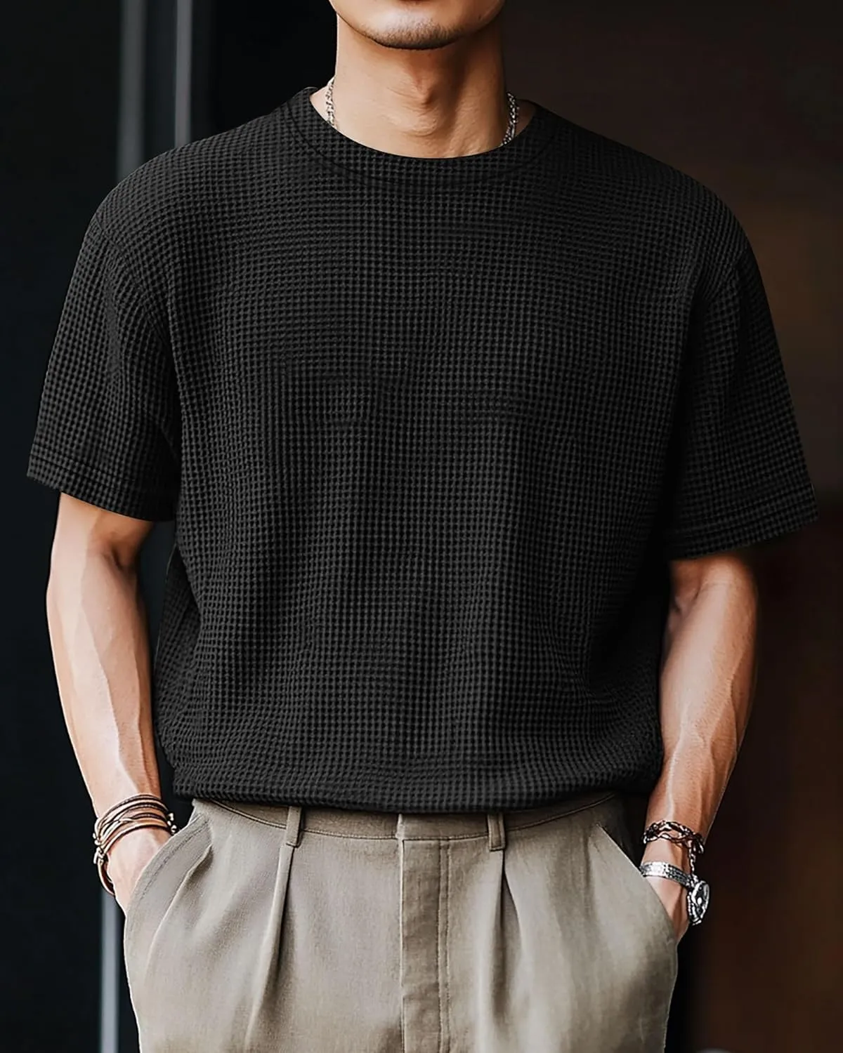 Riyiper 3 Pack Men's Big and Tall Waffle T Shirts, Short Sleeve Crew Neck Tops Casual Textured Knit Pullover Lightweight Tees