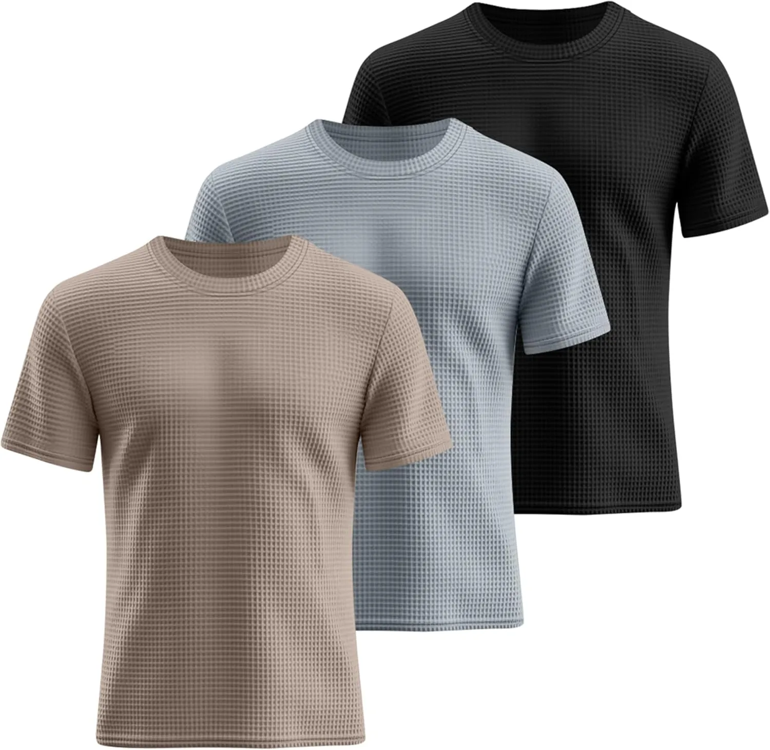 Riyiper 3 Pack Men's Big and Tall Waffle T Shirts, Short Sleeve Crew Neck Tops Casual Textured Knit Pullover Lightweight Tees
