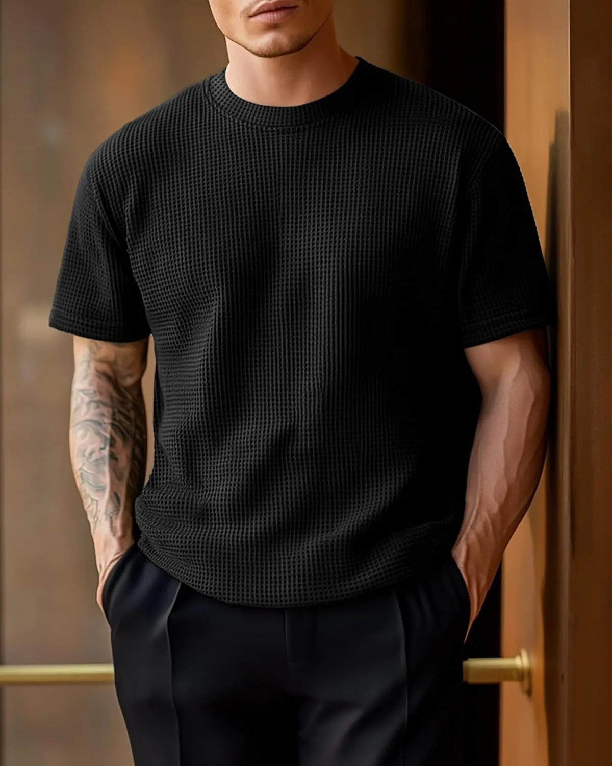 Riyiper 3 Pack Men's Big and Tall Waffle T Shirts, Short Sleeve Crew Neck Tops Casual Textured Knit Pullover Lightweight Tees
