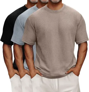 Riyiper 3 Pack Men's Big and Tall Waffle T Shirts, Short Sleeve Crew Neck Tops Casual Textured Knit Pullover Lightweight Tees