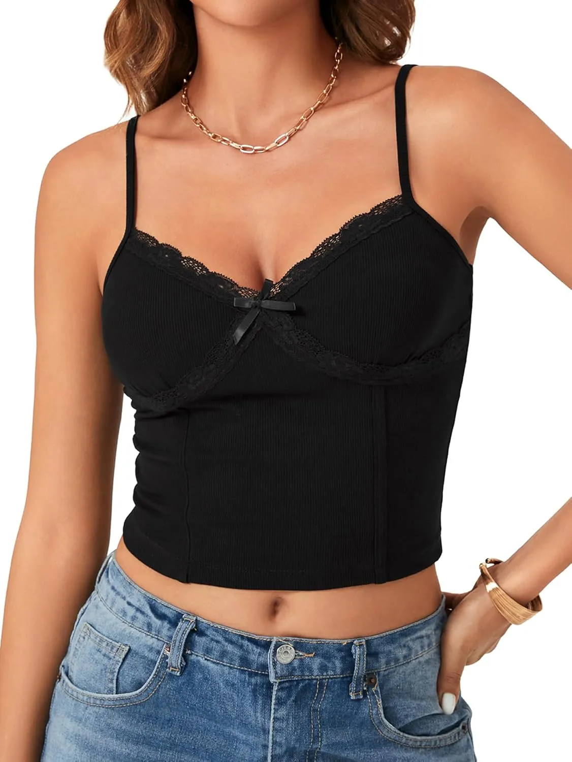 Rooscier Women's Lace V Neck Camisole Adjustable Strap Crop Cami Ribbed Knit Slim Sleeveless Tank Top