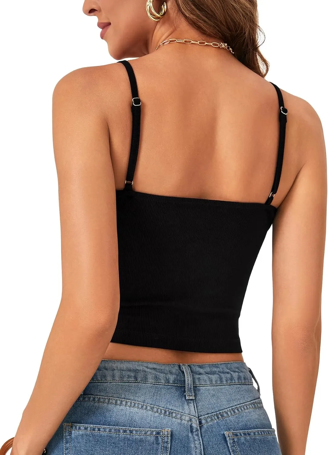 Rooscier Women's Lace V Neck Camisole Adjustable Strap Crop Cami Ribbed Knit Slim Sleeveless Tank Top