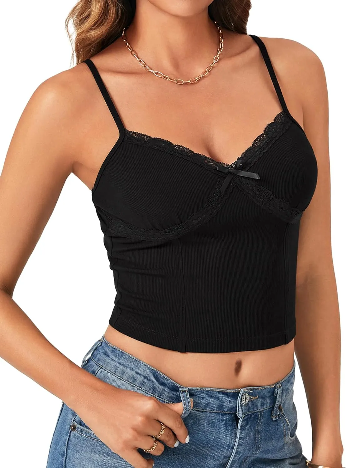 Rooscier Women's Lace V Neck Camisole Adjustable Strap Crop Cami Ribbed Knit Slim Sleeveless Tank Top