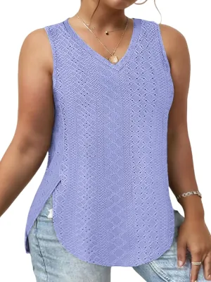 ROSRISS Plus-Size-Tank-Tops for Women Summer Casual Shirts Sleeveless V Neck Shirts Eyelet Side Split Tunics XL-5XL