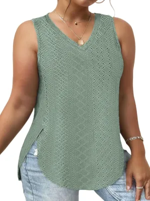 ROSRISS Plus-Size-Tank-Tops for Women Summer Casual Shirts Sleeveless V Neck Shirts Eyelet Side Split Tunics XL-5XL
