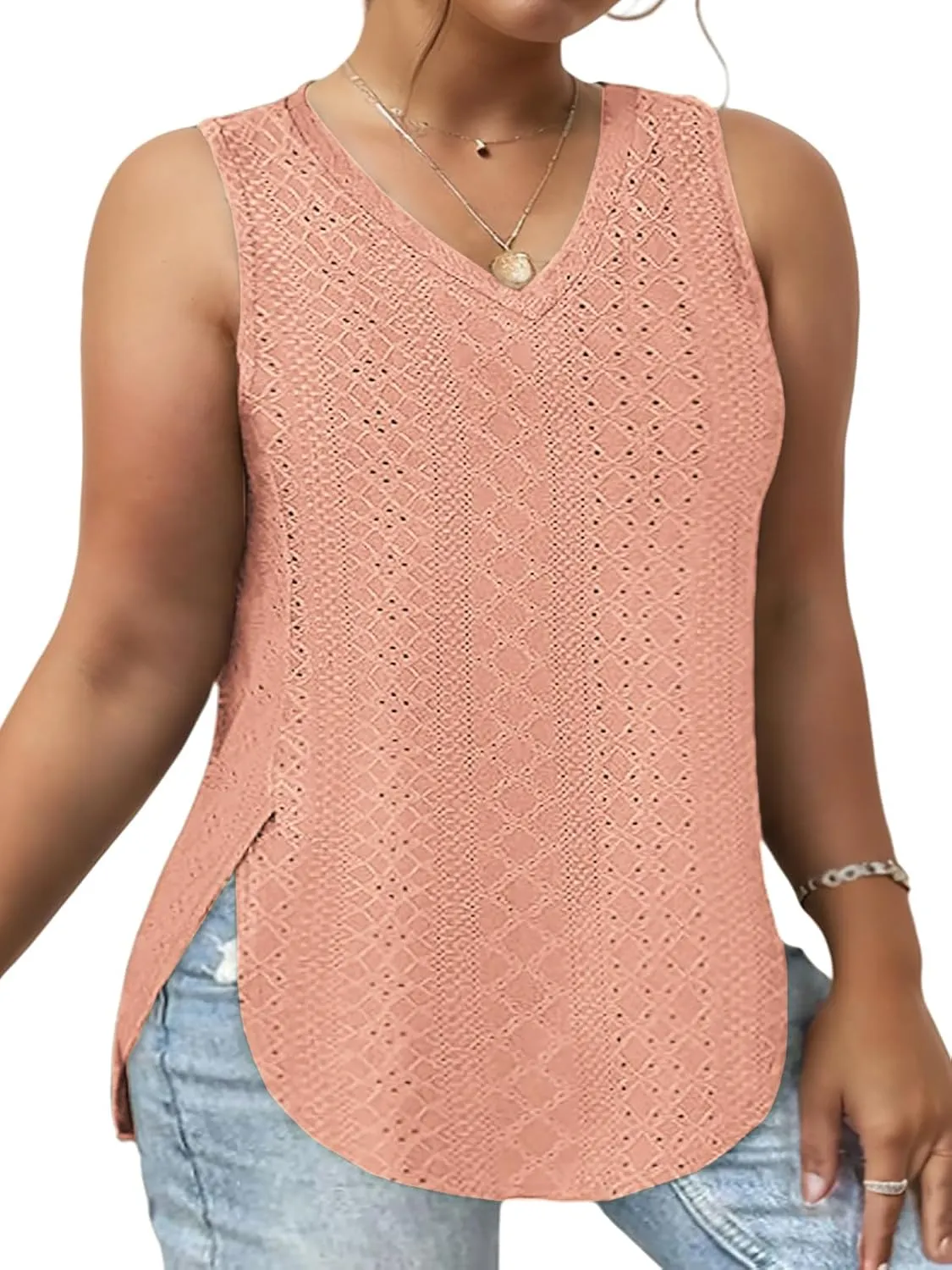 ROSRISS Plus-Size-Tank-Tops for Women Summer Casual Shirts Sleeveless V Neck Shirts Eyelet Side Split Tunics XL-5XL