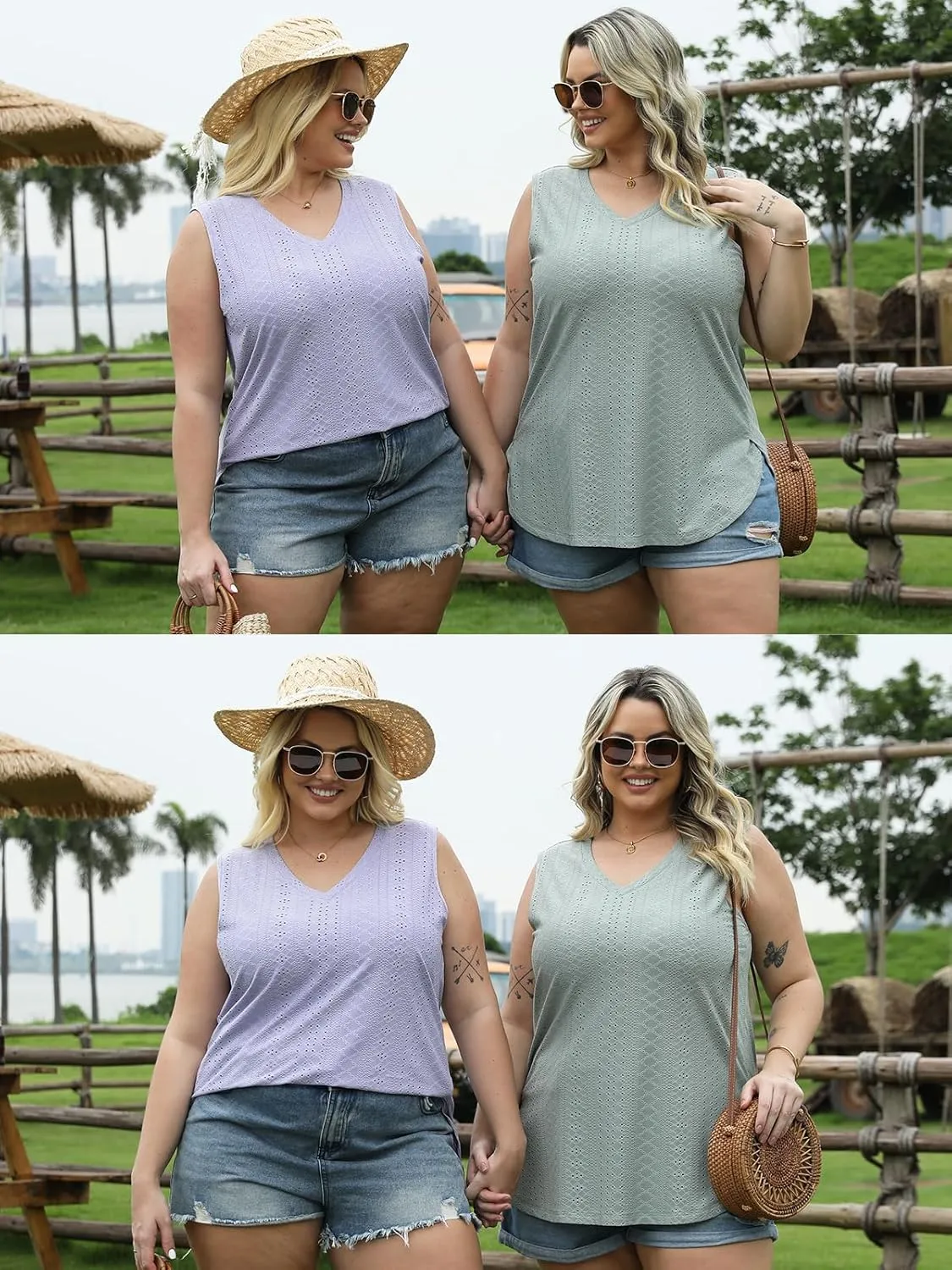ROSRISS Plus-Size-Tank-Tops for Women Summer Casual Shirts Sleeveless V Neck Shirts Eyelet Side Split Tunics XL-5XL