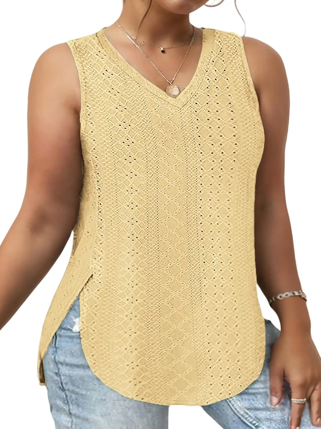 ROSRISS Plus-Size-Tank-Tops for Women Summer Casual Shirts Sleeveless V Neck Shirts Eyelet Side Split Tunics XL-5XL