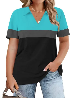 ROSRISS Plus-Size-Tops-for-Women Summer Loose Fit Short Sleeve Casual V Neck Polo Shirts Trendy Color Block Collared Tees