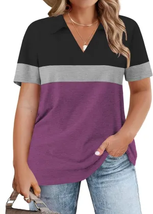 ROSRISS Plus-Size-Tops-for-Women Summer Loose Fit Short Sleeve Casual V Neck Polo Shirts Trendy Color Block Collared Tees