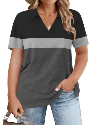 ROSRISS Plus-Size-Tops-for-Women Summer Loose Fit Short Sleeve Casual V Neck Polo Shirts Trendy Color Block Collared Tees
