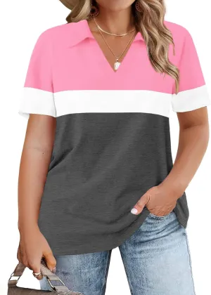 ROSRISS Plus-Size-Tops-for-Women Summer Loose Fit Short Sleeve Casual V Neck Polo Shirts Trendy Color Block Collared Tees